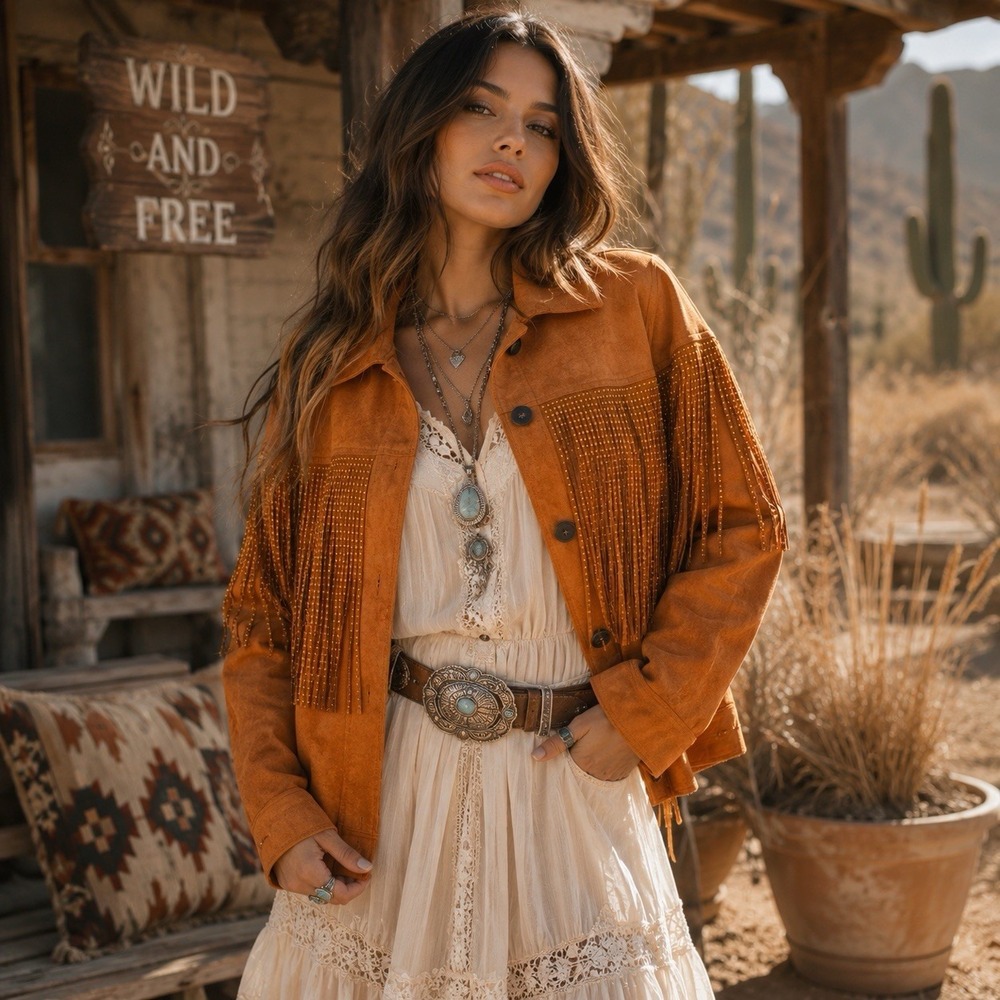 Melrose With Love Orange Rust Faux Suede Studded Fringe Jacket Western Festival